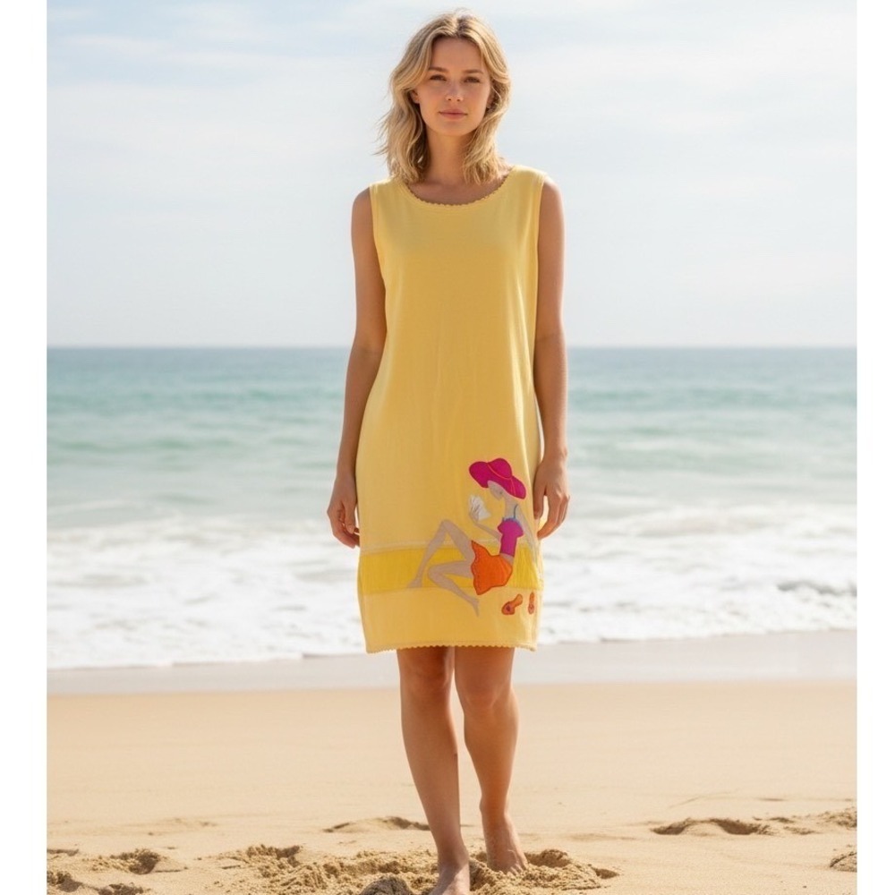 Richard Shift Dress XL Yellow Cotton‎ Sleeveless Embroidered Beach Scene Vintage